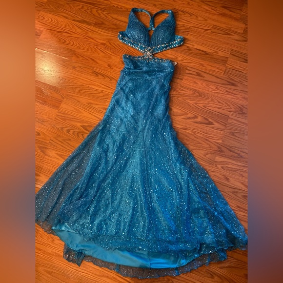 Vintage Y2K Dress Sequin Beaded Gown Slip Dress Cut Out Prom Dress Backless Blue - Picture 13 of 16